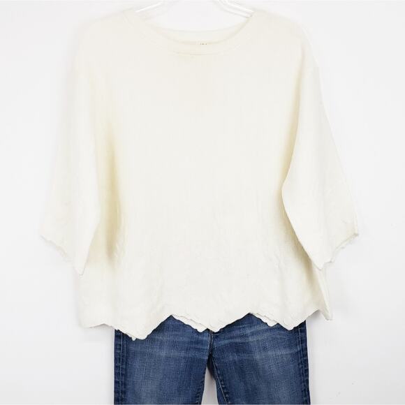 J.O.A Los Angeles Cream 3/4 Sleeve Light Knit Top Scalloped Hem‎ Size Medium - Picture 1 of 11
